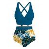 Hawaiian Vacation Couple Outfit Crossover Monstera Leaf Print Ruched Swimsuit and Shirt Set - Paon Bleu S | US 4