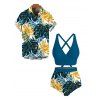 Hawaiian Vacation Couple Outfit Crossover Monstera Leaf Print Ruched Swimsuit and Shirt Set - Paon Bleu S | US 4