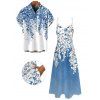 Two-tone Vacation Couple Outfit Watercolor Ombre Leaf Print Long Dress and Shirt Set - Bleu Ciel S | US 4