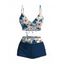 Ensemble de maillot de bain tankini de vacances, imprimé floral tropical hibiscus et feuilles, shorty resserré - Bleu de Minuit XXL | US 14