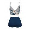 Ensemble de maillot de bain tankini de vacances, imprimé floral tropical hibiscus et feuilles, shorty resserré - Bleu de Minuit XXL | US 14