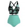 Ensemble de maillot de bain tankini de vacances, imprimé feuilles de monstera, shorty froncé croisé - Turquoise Foncée XXL | US 14