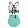 Ensemble de maillot de bain tankini de vacances, imprimé feuilles de monstera, shorty froncé croisé - Turquoise Foncée XXL | US 14