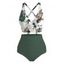Vacation Swimsuit Set Botanical Floral Leaf Print Crossover Ruched Boyshorts Swimwear - Vert Armée XXL | US 14