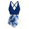 Vacation Swimsuit Set Watercolor Hibiscus Floral Print Crossover Ruched Boyshorts Swimwear - Bleu Marine XXL | US 14