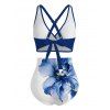 Vacation Swimsuit Set Watercolor Hibiscus Floral Print Crossover Ruched Boyshorts Swimwear - Bleu Marine XXL | US 14