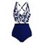 Vacation Swimsuit Set Leaf Silhouette Print Crossover Ruched Boyshorts Swimwear - Bleu Marine XXL | US 14