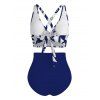Vacation Swimsuit Set Leaf Silhouette Print Crossover Ruched Boyshorts Swimwear - Bleu Marine XXL | US 14
