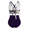 Vacation Swimsuit Set Hibiscus Floral Palm Leaf Crossover Ruched Boyshorts Swimwear - Bleu de Minuit XXL | US 14