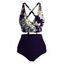 Vacation Swimsuit Set Hibiscus Floral Palm Leaf Crossover Ruched Boyshorts Swimwear - Bleu de Minuit XXL | US 14