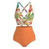 Ensemble maillot de bain de vacances imprimé floral orchidée monstera, shorty froncé croisé - Orange XXL | US 14