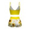 Vacation Swimsuit Set Cinched Sunflower Print Bright Color Boyshorts Swimwear - Jaune XXL | US 14