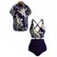Vacation Couple Outfit Hibiscus Floral Palm Leaf Crossover Ruched Swimsuit Set and Shirt Set - Bleu de Minuit S | US 4