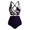 Vacation Couple Outfit Hibiscus Floral Palm Leaf Crossover Ruched Swimsuit Set and Shirt Set - Bleu de Minuit S | US 4