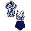 Vacation Couple Outfit Leaf Silhouette Print Crossover Ruched Swimsuit and Shirt Set - Bleu Marine S | US 4