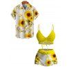 Vacation Couple Outfit Cinched Sunflower Print Boyshorts Swimsuit and Shirt Set - Jaune S | US 4