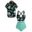 Vacation Couple Outfit Monstera Leaf Print Crossover Ruched Boyshorts Swimsuit and Shirt Set - Noir S | US 4