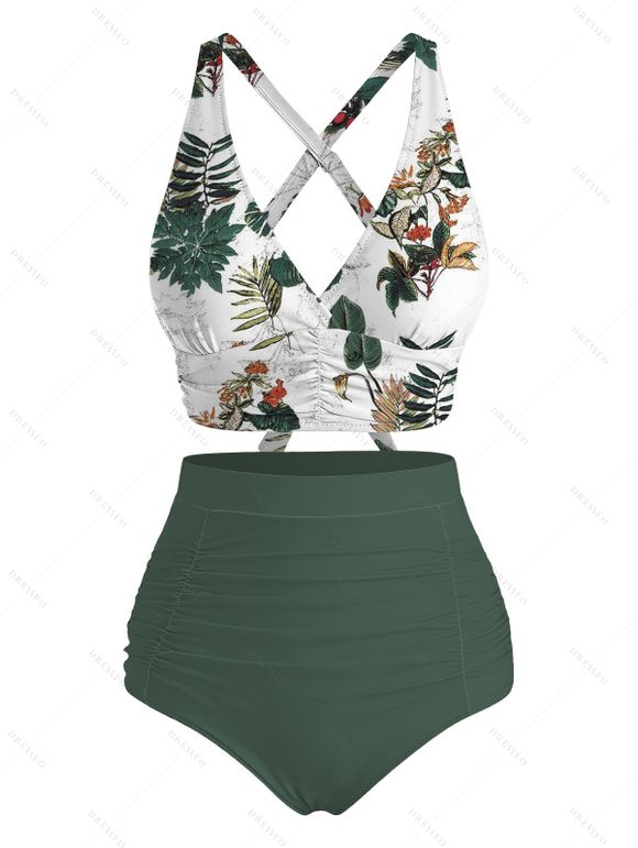 Vacation Couple Outfit Botanical Floral Leaf Print Crossover Ruched Swimsuit and Shirt Set - Vert Armée S | US 4