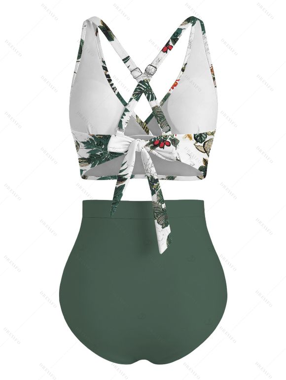 Vacation Couple Outfit Botanical Floral Leaf Print Crossover Ruched Swimsuit and Shirt Set - Vert Armée S | US 4