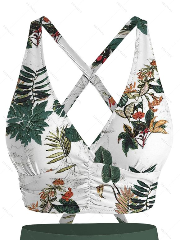 Vacation Couple Outfit Botanical Floral Leaf Print Crossover Ruched Swimsuit and Shirt Set - Vert Armée S | US 4