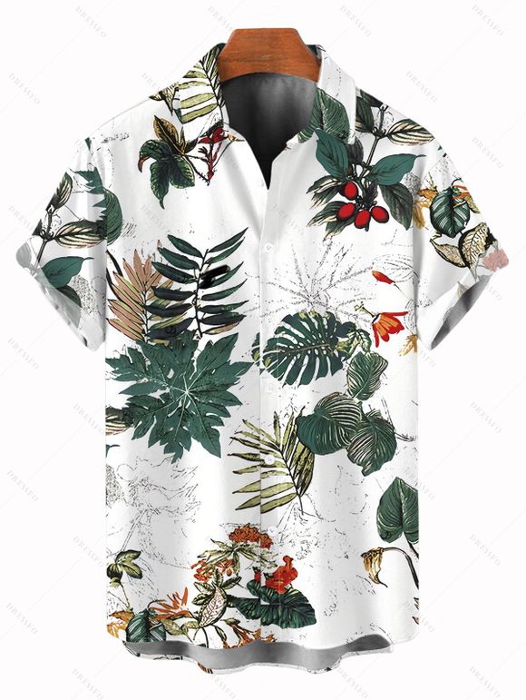 Vacation Couple Outfit Botanical Floral Leaf Print Crossover Ruched Swimsuit and Shirt Set - Vert Armée S | US 4