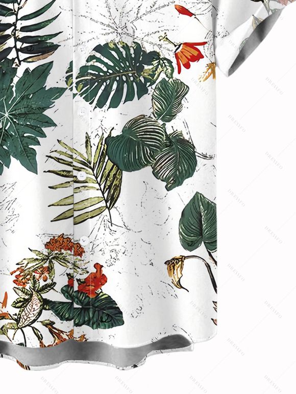 Vacation Couple Outfit Botanical Floral Leaf Print Crossover Ruched Swimsuit and Shirt Set - Vert Armée S | US 4