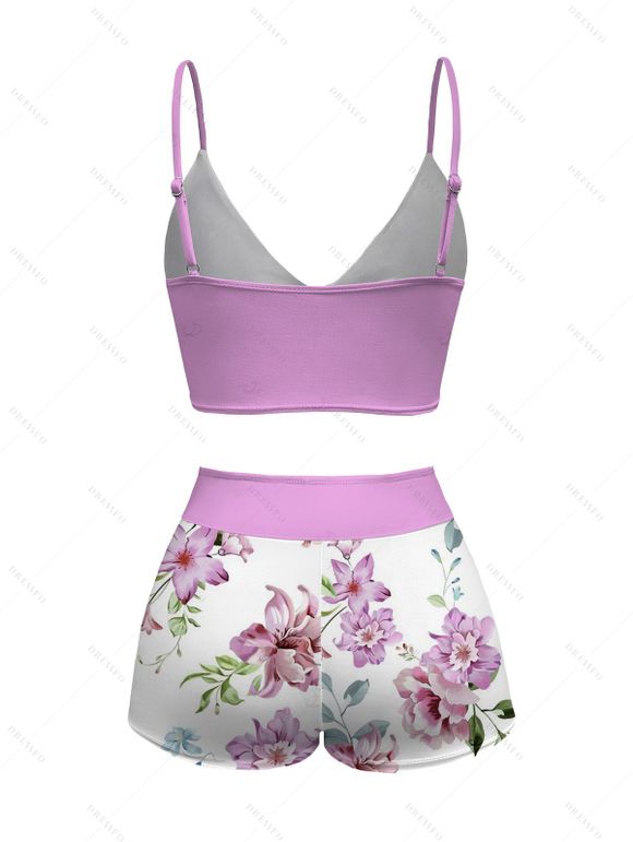 Vacation Couple Outfit Cinched Watercolor Floral Vine Print Boyshorts Swimsuit and Shirt Set - Violet clair S | US 4