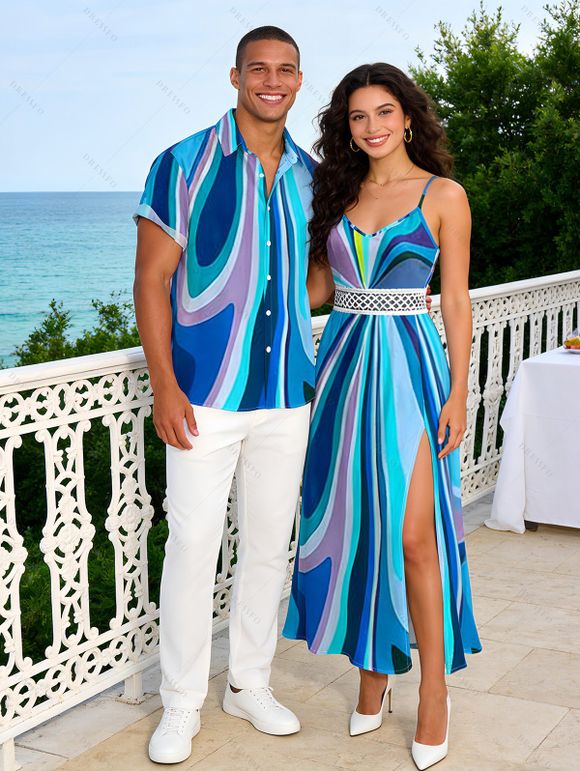 Vacation Couple Outfit Abstract Fluid Swirl Pattern Hollow Out Slit Dress and Shirt Set - Bleu S | US 4