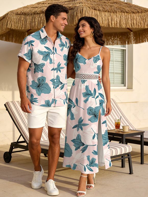 Vacation Couple Outfit Azalea Floral Print Lace Hollow Out Slit Dress and Shirt Set - Rose clair S | US 4