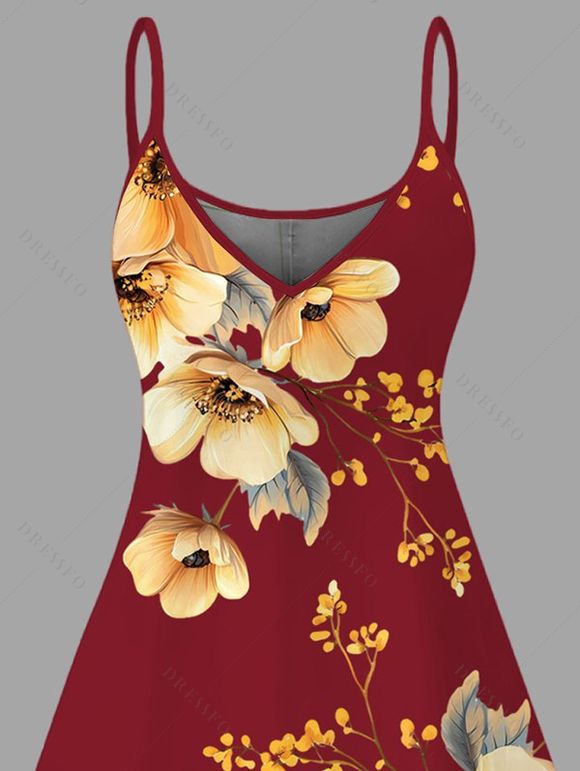 Vacation Dress Romantic Watercolor Poppy Floral Print Spaghetti Strap Mini Dress - Rouge Vineux XXXXXL | US 20