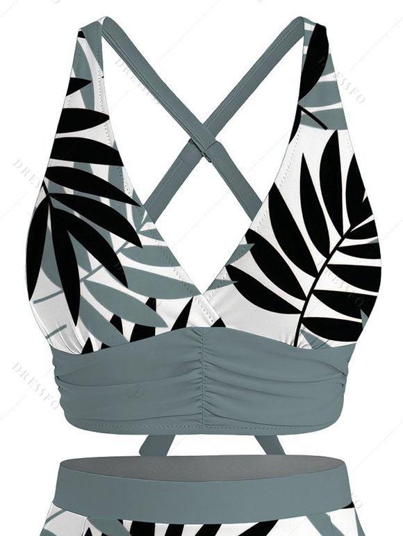 Vacation Swimsuit Set Crossover Two-tone Palm Leaf Pattern Boyshorts Swimwear - Turquoise Foncée XXL | US 14