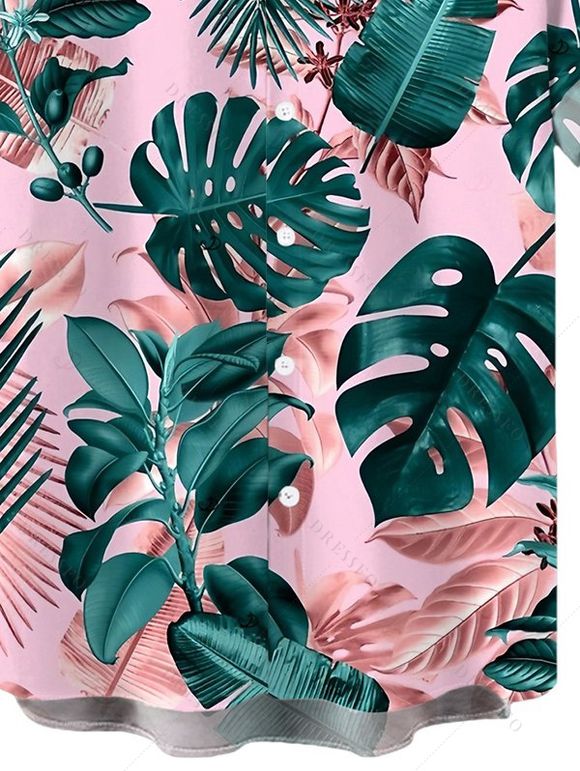 Men's Vacation Shirt Tropical Monstera Leaf Print Button Up Shirt - Rose 5XL