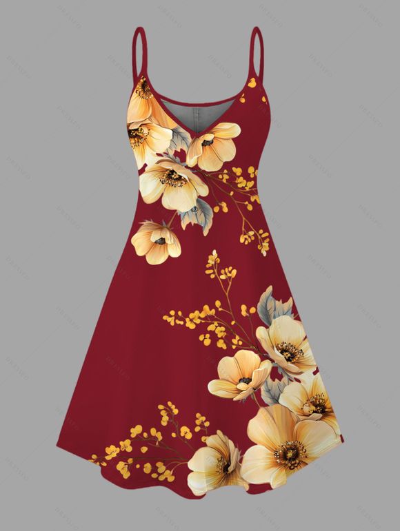 Vacation Couple Outfit Watercolor Poppy Floral Print Spaghetti Strap Dress and Shirt Set - Brun Doré S | US 4