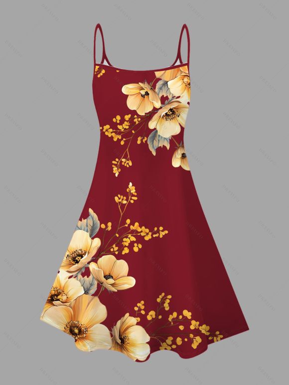 Vacation Couple Outfit Watercolor Poppy Floral Print Spaghetti Strap Dress and Shirt Set - Brun Doré S | US 4