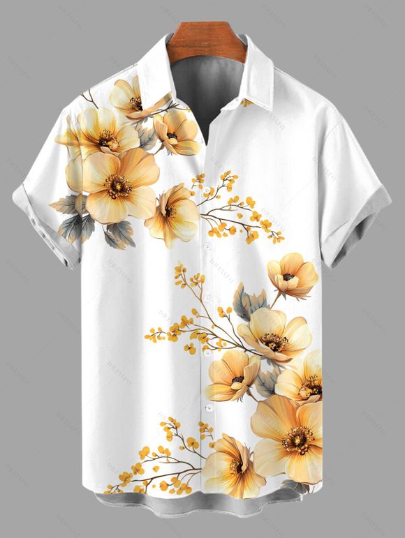 Vacation Couple Outfit Watercolor Poppy Floral Print Spaghetti Strap Dress and Shirt Set - Brun Doré S | US 4