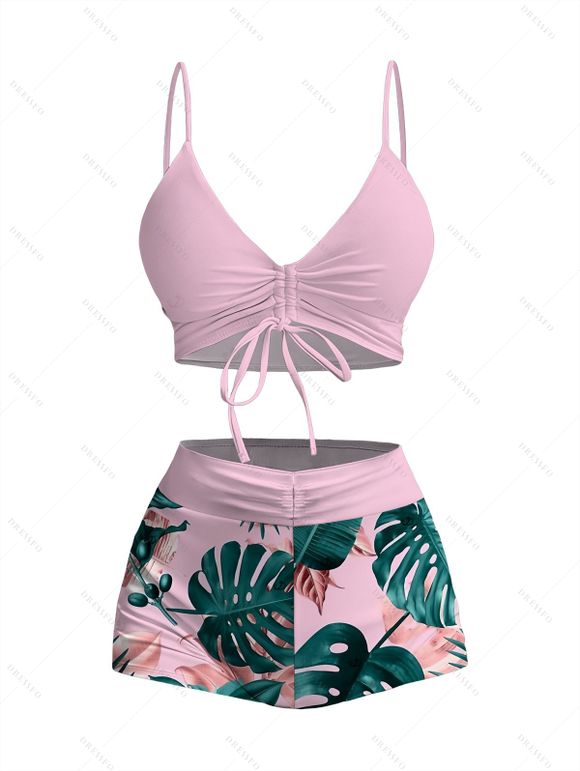 Vacation Couple Outfit Cinched Bowknot Tropical Monstera Leaf Print Boyshorts Swimsuit and Shirt Set - Rose S | US 4