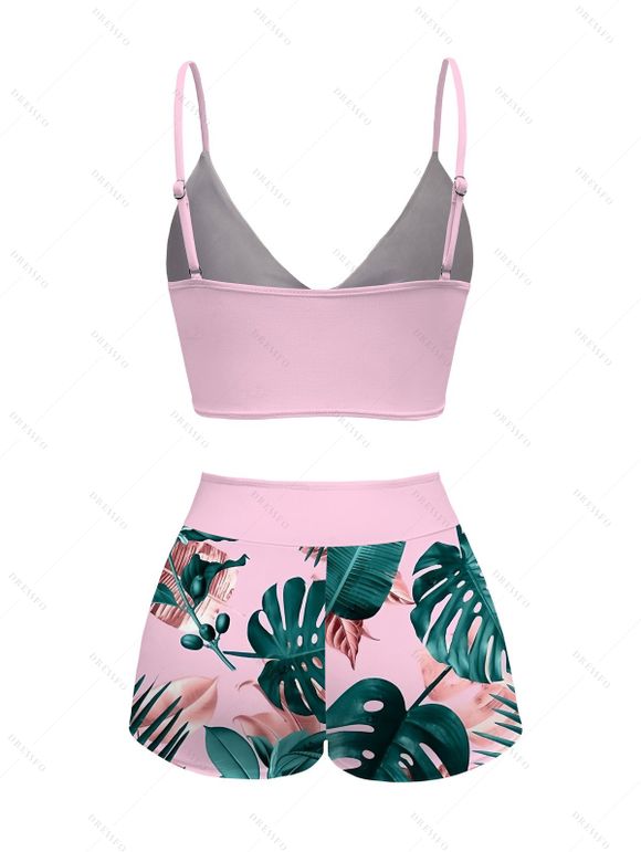 Vacation Couple Outfit Cinched Bowknot Tropical Monstera Leaf Print Boyshorts Swimsuit and Shirt Set - Rose S | US 4