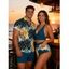 Hawaiian Vacation Couple Outfit Crossover Monstera Leaf Print Ruched Swimsuit and Shirt Set - PEACOCK BLUE S | US 4