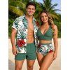 Vacation Couple Outfit Palm Leaf Hibiscus Print Crossover Ruched Swimsuit and Shirt Set - PLANT GREEN S | US 4