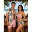 Hawaiian Vacation Couple Outfit Cinched Monstera Palm Leaf Print Swimsuit and Shirt Set - PINK S | US 4