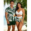 Vacation Couple Outfit Cinched Tropical Floral Monstera Print Swimwear and Shirt Set - DEEP GREEN S | US 4
