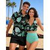Vacation Couple Outfit Monstera Leaf Print Crossover Ruched Boyshorts Swimsuit and Shirt Set - BLACK S | US 4