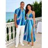 Vacation Couple Outfit Abstract Fluid Swirl Pattern Hollow Out Slit Dress and Shirt Set - Bleu S | US 4