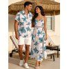 Vacation Couple Outfit Azalea Floral Print Lace Hollow Out Slit Dress and Shirt Set - Rose clair S | US 4