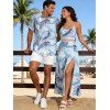 Vacation Couple Outfit Tropical Palm Leaf Print Lace Hollow Out Slit Dress and Shirt Set - Bleu clair S | US 4