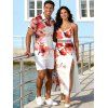Vacation Couple Outfit Watercolor Flower Print Hollow Out Slit Dress and Shirt Set - Blanc S | US 4