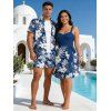 Vacation Couple Outfit Sketch Hibiscus Flower Leaf Pattern Ruched Bust Belt Dress and Button Up Shirt Casual Matching Outfit - Bleu S | US 4