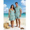 Vacation Couple Outfit Tropical Leaf Pattern Spaghetti Strap A Line Mini Tank Dress and Roll Up Sleeve Shirt Matching Outfit