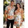 Vacation Couple Outfit Tropical Leaf Floral Print Ruched Bust Belt A Line Dress and Roll Up Sleeve Button Up Shirt Matching Outfit
