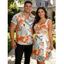 Vacation Couple Outfit Tropical Leaf Floral Print Ruched Bust Belt A Line Dress and Roll Up Sleeve Button Up Shirt Matching Outfit - Bleu S | US 4